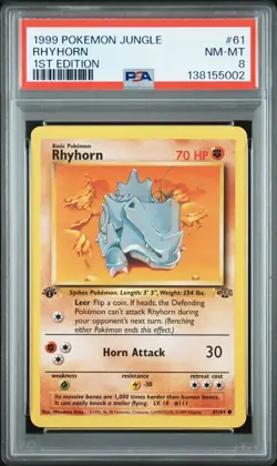 1999 Pokemon Jungle 1st Edition Rhyhorn 61 FRESHLY GRADED PSA 8 NM-MINT - Image 1