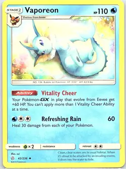 Vaporeon 42/236 Non Holo SM - Cosmic Eclipse - Pokemon Card - NM - Image 1