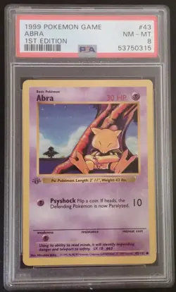 PSA 8 1st Edition Abra 43/102 Base Set Grey Stamp Gray Error Pokemon 1999 - Image 1