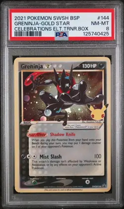2021 Pokemon TCG Greninja Gold Star SWSH144 Celebrations Black Star Promo PSA 8 - Image 1