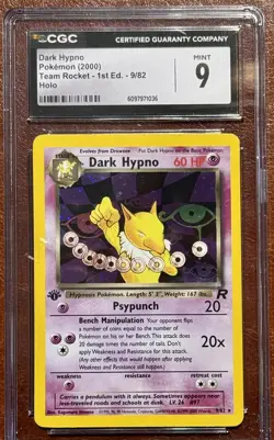 CGC 9 MINT Dark Hypno 9/82 Holo 1st Edition Pokemon 2000 Team Rocket SWIRL - Image 1