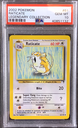 Pokemon Card Raticate PSA 10 Gem Mint, Legendary Collection #61, WOTC 2002 - Image 1