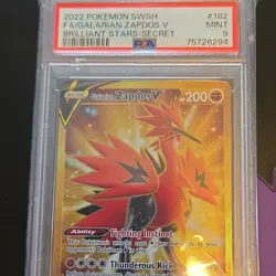 Pokemon Galarian Zapdos V Secret Rare 182/172 Brilliant Stars PSA 9 Holo - Image 1