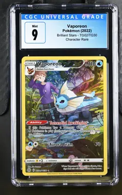 Pokemon 2022 Brilliant Stars Vaporeon #TG02/TG30 Rare CGC 9 - Image 1
