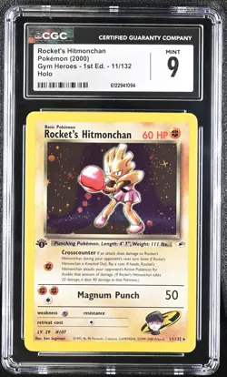 CGC 9 MINT Rocket's Hitmonchan Gym Heroes 1st Edition 11/132 Holo Pokemon Card - Image 1