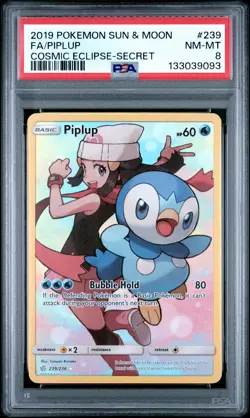 2019 POKEMON SUN & MOON COSMIC ECLIPSE SECRET #239 FULL ART/PIPLUP PSA 8 - Image 1