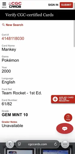 CGC 10 Mankey 1st Edition 61/82 Team Rocket Pokemon 2000 - Image 3