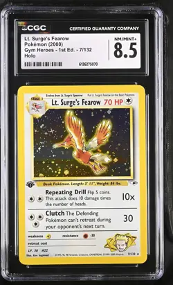 CGC 8.5 Lt. Surge's Fearow Gym Heroes 1st Edition 7/132 Holo Pokemon Card - Image 1