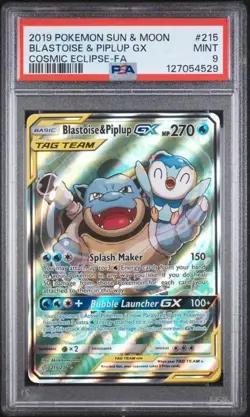 2019 POKEMON SUN & MOON COSMIC ECLIPSE #215 FULL ART/BLASTOISE & PIPLUP GX PSA 9 - Image 1