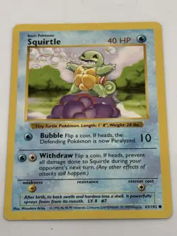 1999 Pokemon Base Set Shadowless SQUIRTLE #63/102 NM / MT WOTC - Image 1