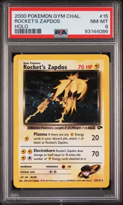 PSA 8 NM- MINT Rocket's Zapdos Gym Challenge Holo 2000 Pokemon 15/132 - Image 1