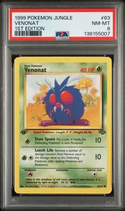 1999 Pokemon Jungle 1st Edition Venonat 63 FRESHLY GRADED PSA 8 NEAR MINT-MINT - Image 1