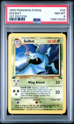 1999 Pokemon Fossil 1st Edition Golbat 34 FRESHLY GRADED PSA 8 NM-MINT - Image 1