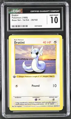 CGC 10 GEM MINT Dratini 1999 Base Set Shadowless 1st Edition 26/102 Pokemon Card - Image 1