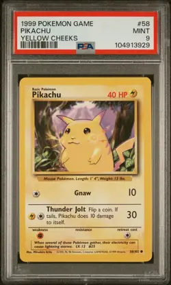 1999 Pokemon Pikachu Yellow Cheeks #58 PSA 9 MINT Vintage WOTC Base Set Classic - Image 1