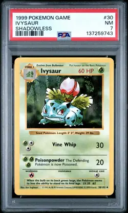 1999 POKEMON BASE SET SHADOWLESS #30 IVYSAUR PSA 7 - Image 1