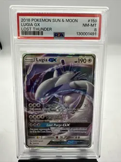 2018 POKEMON SUN AND MOON LUGIA GX LOST THUNDER PSA 8 GRADED NM-MT #159 - Image 1