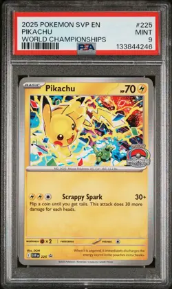 2025 POKEMON SVP EN-SV BLACK STAR PROMO WORLD CHAMPIONSHIPS #225 PIKACHU PSA 9 - Image 1