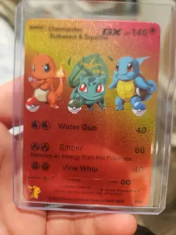 Charmander, Bulbasaur, & Squirtle GX Rainbow Foil Vinyl Fan Art Collector Card - Image 1