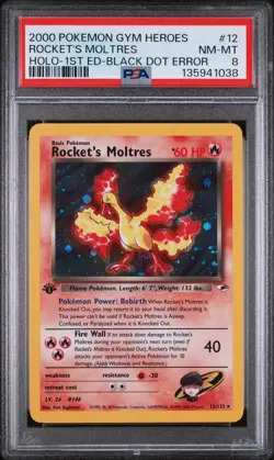 Rocket’s Moltres #12 Gym Heroes Holo 1st Ed PSA 8 Double Black Dot Error + Swirl - Image 1