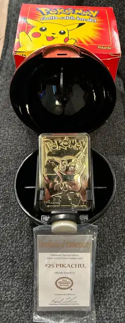1999 Pokemon 23K Gold Plated Trading Card Pikachu Burger King w/ COA & Pokeball - Image 1