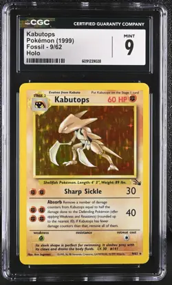 1999 Pokemon Fossil Unlimited Kabutops Holo Rare CGC 9 Mint - Image 1