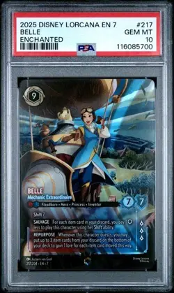 2025 DISNEY LORCANA EN-7 ENCHANTED #217 BELLE - MECHANIC EXTRAORDINAIRE PSA 10 - Image 1