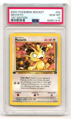 PSA 10 GEM MINT Meowth Team Rocket 1st Edition 2000 Pokemon WOTC 62/82 -16 - Image 1