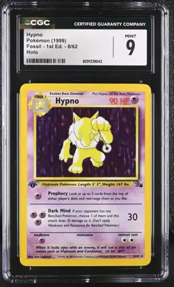 CGC 9 MINT Hypno 1st Edition Fossil 8/62 Holo 1999 Pokemon Card - Image 1