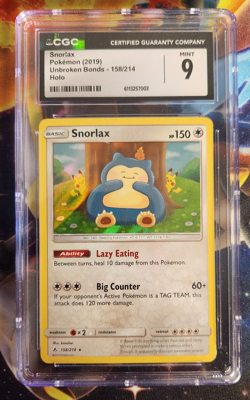 CGC 9 MINT Snorlax 158/214 Holo Rare Sun & Moon Unbroken Bonds 2019 Pokemon - Image 1