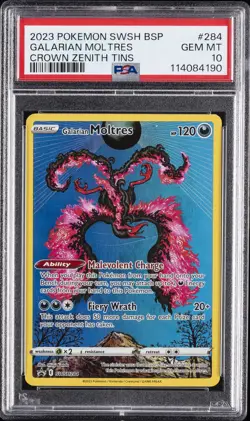2023 POKEMON SWSH BLACK STAR PROMO CROWN ZENITH TIN #284 GALARIAN MOLTRES PSA 10 - Image 1