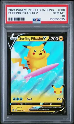 2021 POKEMON CELEBRATIONS #008 SURFING PIKACHU V PSA 10 - Image 1