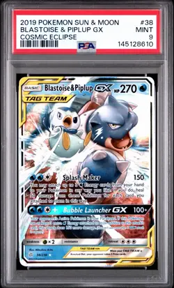 Pokemon Blastoise & Piplup GX Cosmic Eclipse Holo 38/236 PSA 9 - Image 1