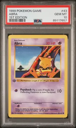 1999 POKEMON BASE SET 1ST EDITION #43 ABRA PSA 10 - Image 1