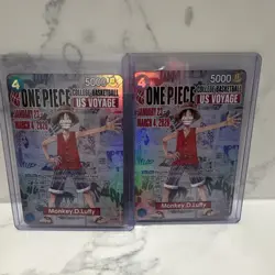 One Piece Monkey.D.Luffy US Voyage Holo 2 Card Lot Plus 2 Shirts and Poster - Image 1