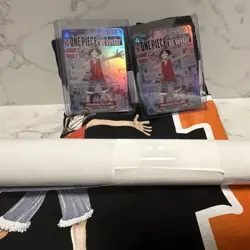 One Piece Monkey.D.Luffy US Voyage Holo 2 Card Lot Plus 2 Shirts and Poster - Image 4