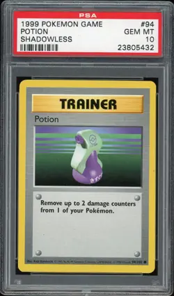 1999 Pokemon Shadowless Base Set Potion Trainer 94/102 - PSA 10 - Image 1