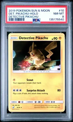 2019 POKEMON SUN & MOON DETECTIVE PIKACHU #10 DETECTIVE PIKACHU-HOLO PSA 8 - Image 1
