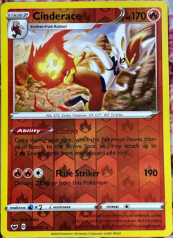 Pokemon - Cinderace - 034/202 -SWORD & SHIELD BASE SET - Reverse Holo RARE - NM - Image 1