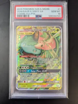 2019 Pokemon S&M Cosmic Eclipse Venusaur & Snivy GX #1 PSA 10 - Image 1