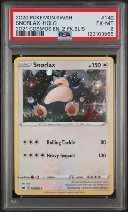 2020 Pokemon Sword & Shield #140 Snorlax-Holo 2021 Cosmos En. 2 Pk.Blis PSA 6 - Image 1