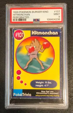 Hitmonchan Pokemon #107 1999 Burger King Perforated PSA 9 MINT! Graded Game Card - Image 1