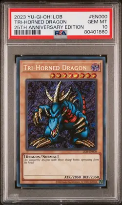 2023 YU-GI-OH! LOB 25TH ANNIVERSARY EDITION #EN000 TRI-HORNED DRAGON PSA 10 - Image 1