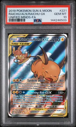 2019 POKEMON SUN & MOON UNIFIED MINDS FULL ART/RAICHU & ALOLAN RAICHU GX PSA 10 - Image 1