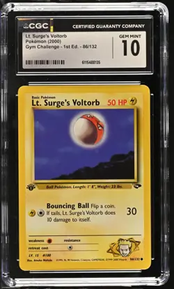 CGC GEM MINT 10 Pokemon Lt. Surge's Voltorb 86/132 Gym Challenge 1st Edition - Image 1