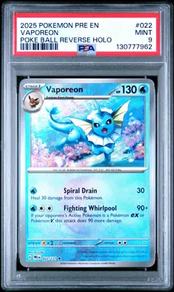 2025 POKEMON PRE EN-PRISMATIC EVOLUTIONS POKE BALL REVERSE HOLO VAPOREON PSA 9 - Image 1