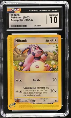 CGC GEM MINT 10 Pokemon Miltank 94/147 2003 Aquapolis - Image 1