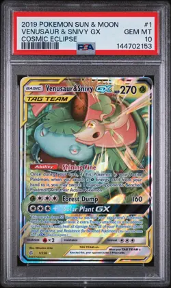 2019 Pokemon Sun & Moon Cosmic Eclipse #1 Venusaur & Snivy Gx PSA 10 - Image 1