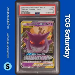 2019 POKEMON SUN & MOON TEAM UP #53/181 GENGAR MIMIKYU GX TAG TEAM HOLO PSA 9 - Image 1