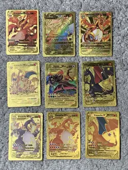 Set of 9 Charizard V,DX,GX,VMax French Gold Accents Foil Fan Art Cards LP - Image 1